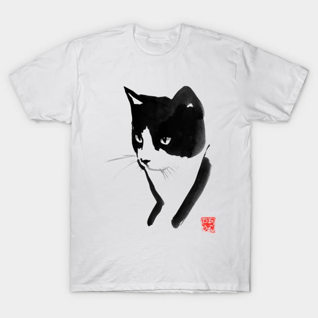 cat black and white T-Shirt by pechane